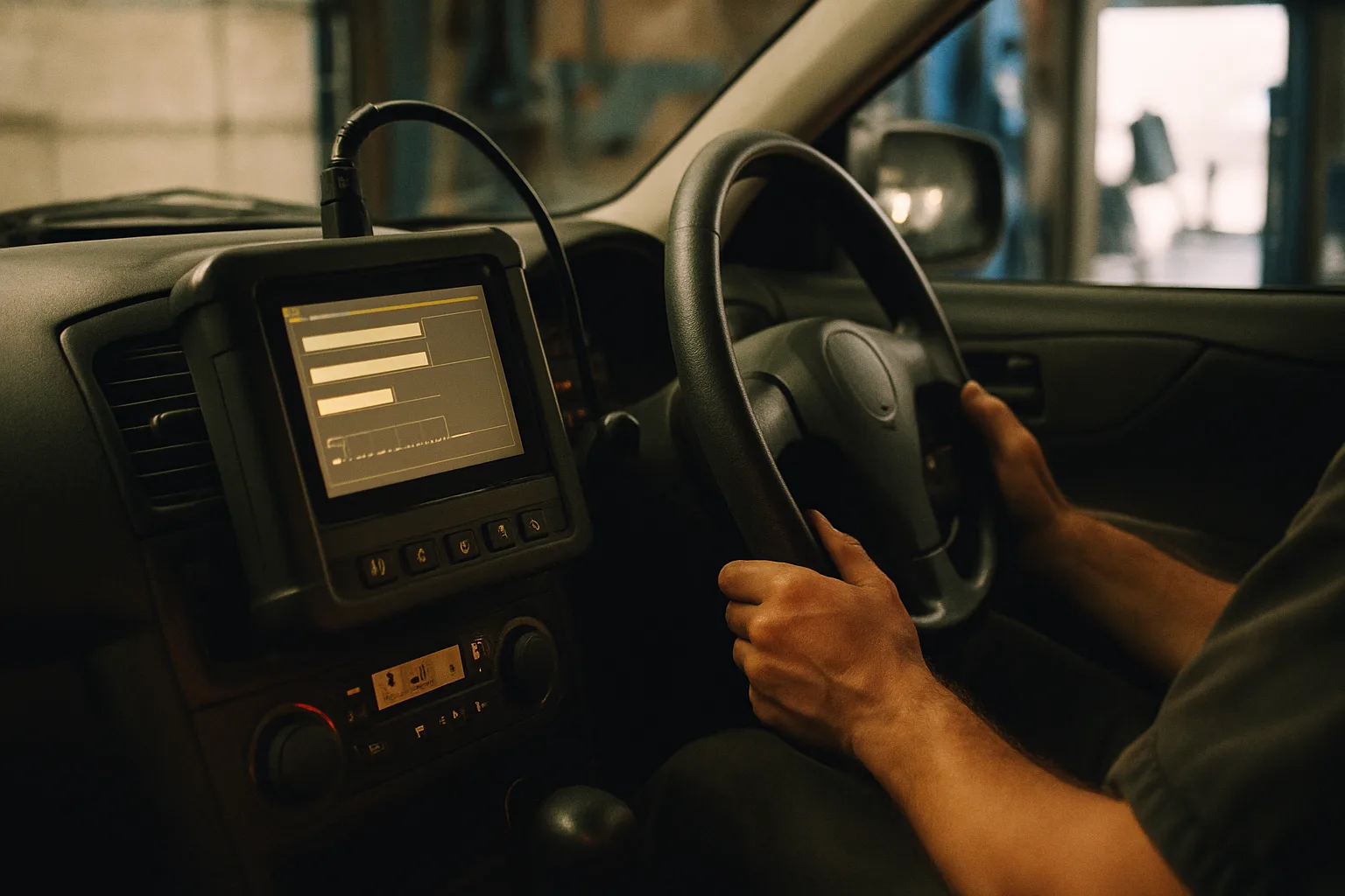 Engine diagnostic equipment in use on vehicle